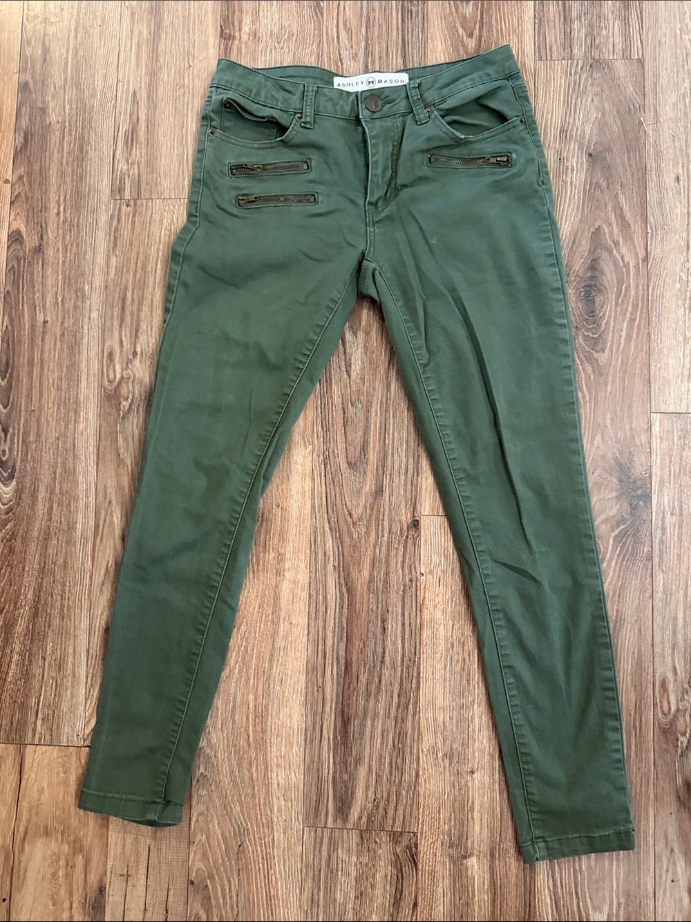 Ashley Mason Olive Green Skinny Jeans with Zipper Accents